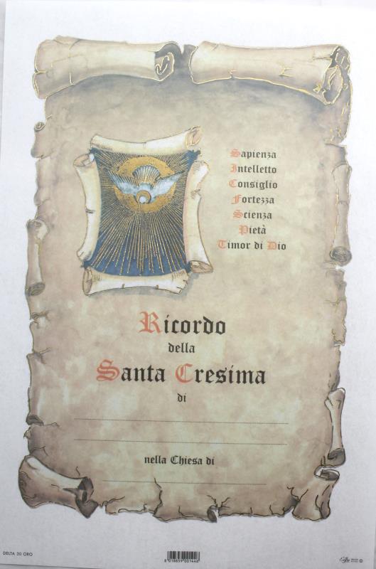 Pergamena ricordo sacramenti cm 18x24 cresima oro Bomboniere