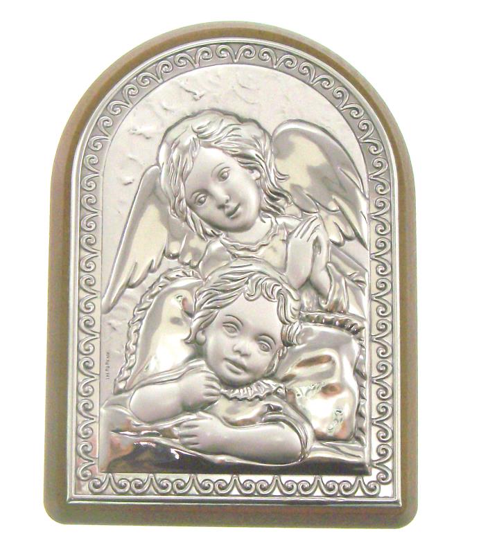 quadretto in lamina argento e legno cm 14x10 angelo custode
