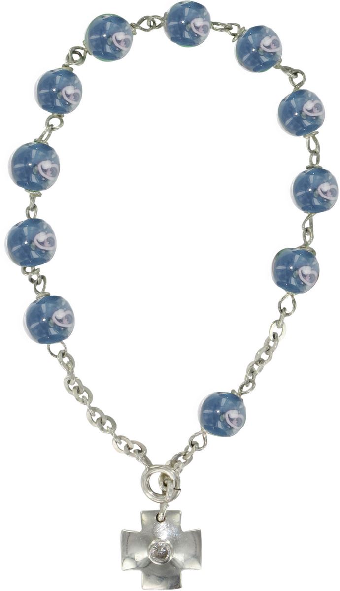 braccialetto con grani a forma di roselline in vetro azzurro mm 6,5 e argento 925