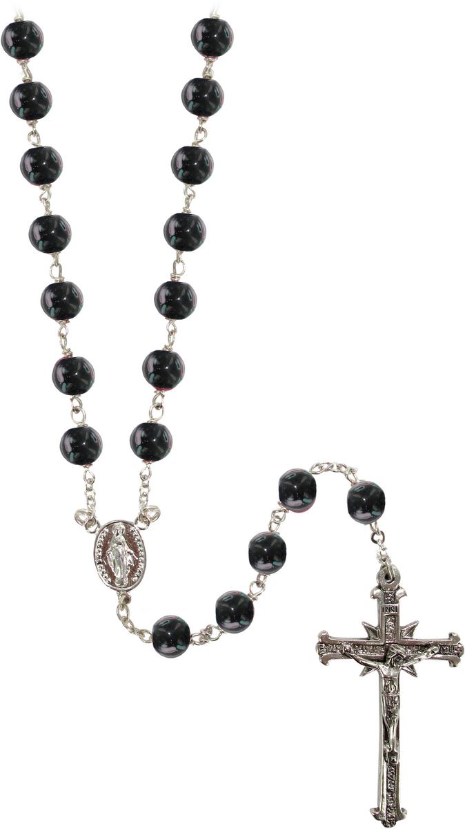 rosario in argento 925 con grani mm 6 in vetro nero con piccole rose