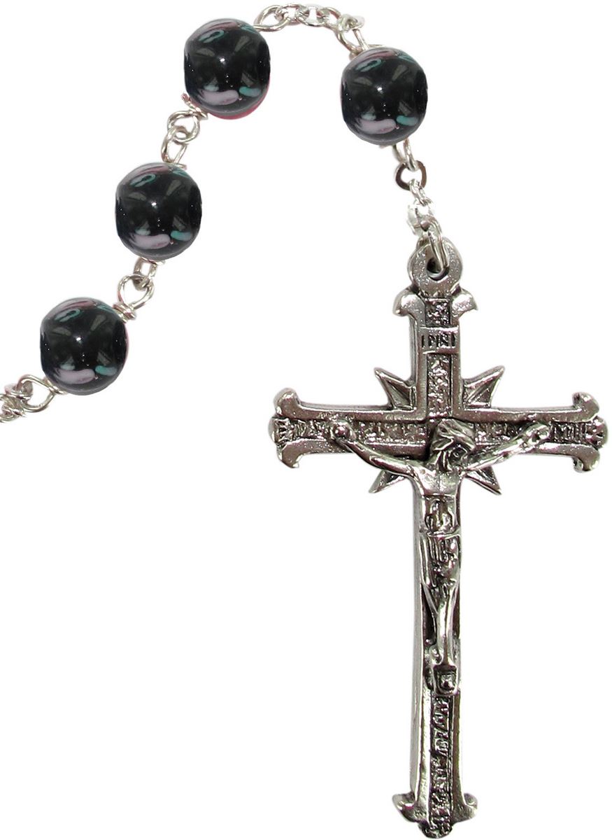 rosario in argento 925 con grani mm 6 in vetro nero con piccole rose