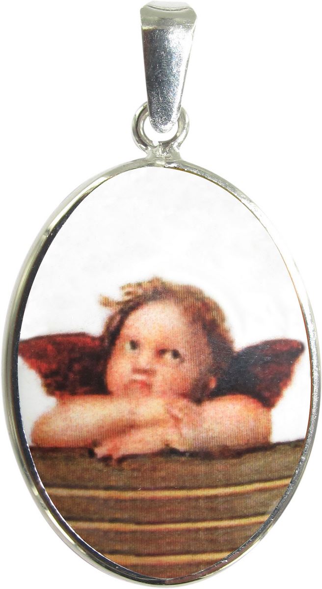 stock: medaglia angelo cherubino ovale in porcellana con profilo in argento - 3 cm