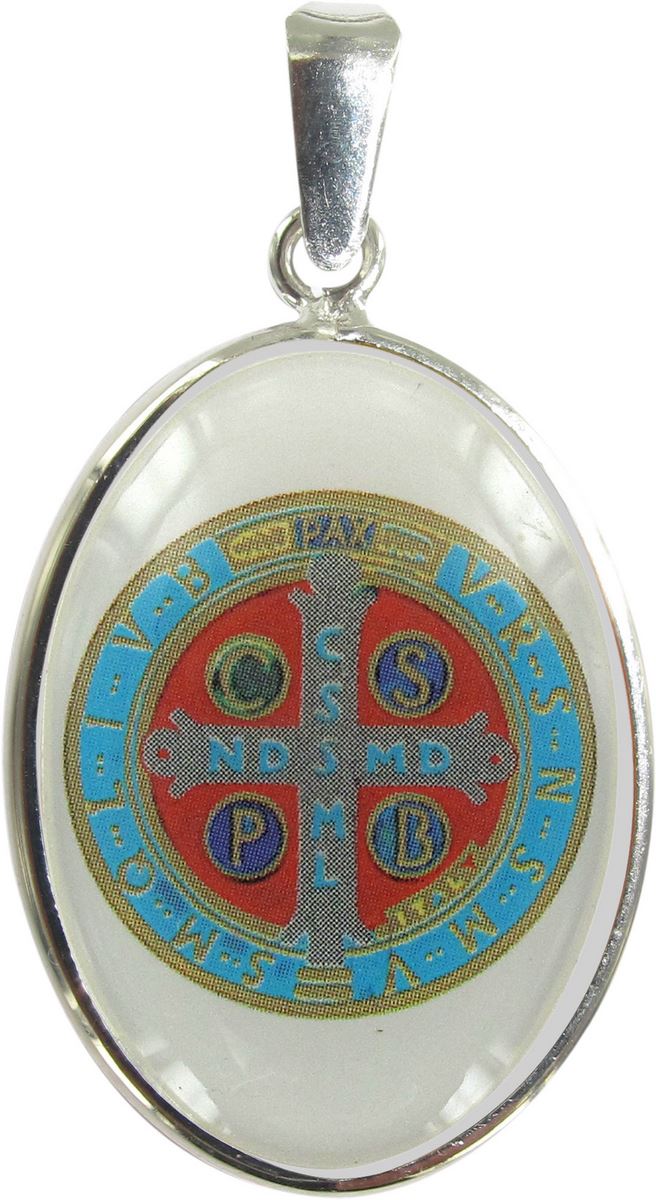 Medaglia croce di san benedetto ovale in argento 925 e porcellana - 3 cm  Croci
