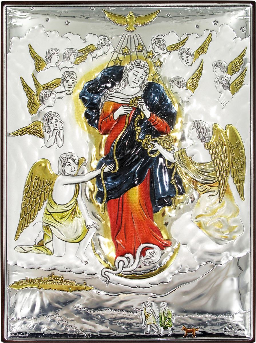 quadretto bassorilievo di maria che scioglie i nodi, argento 999 e dettagli colorati (18 x 13,5 cm)