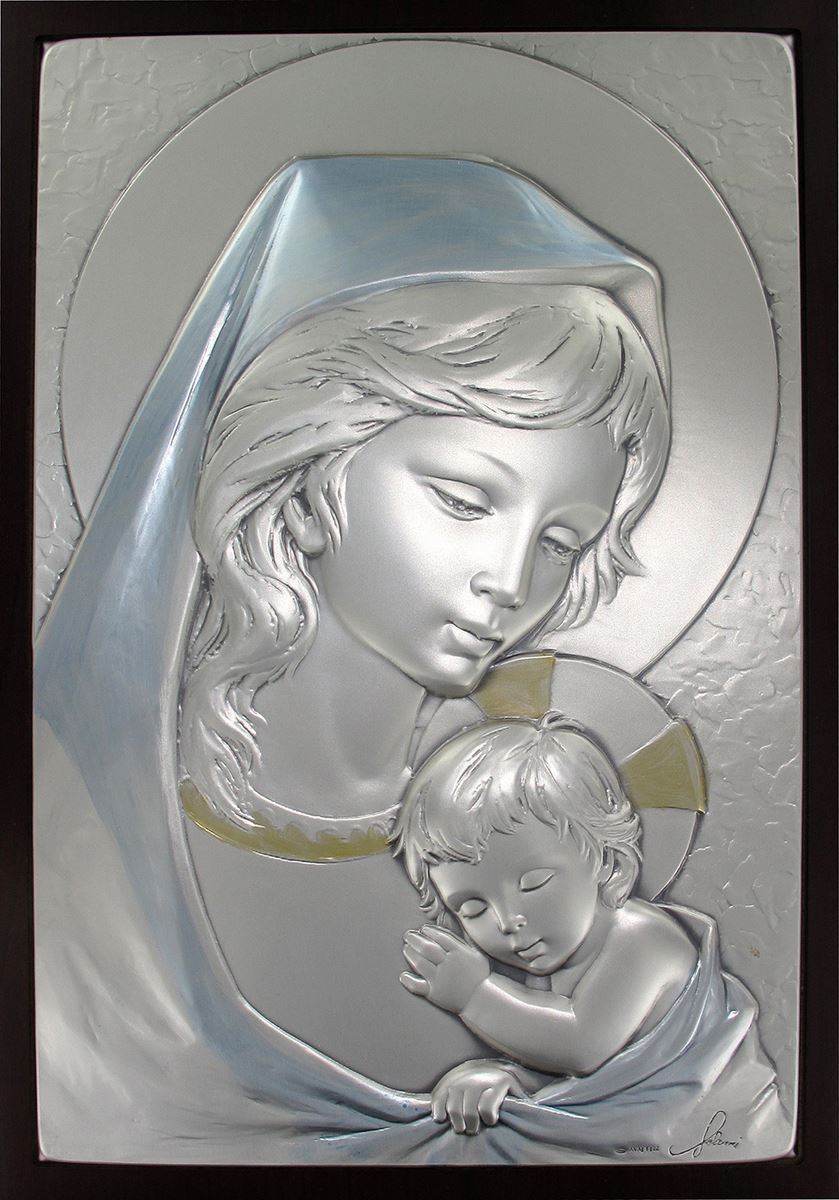 Quadro della madonna con bambino in argento - bassorilievo 29 x 20 5 cm
