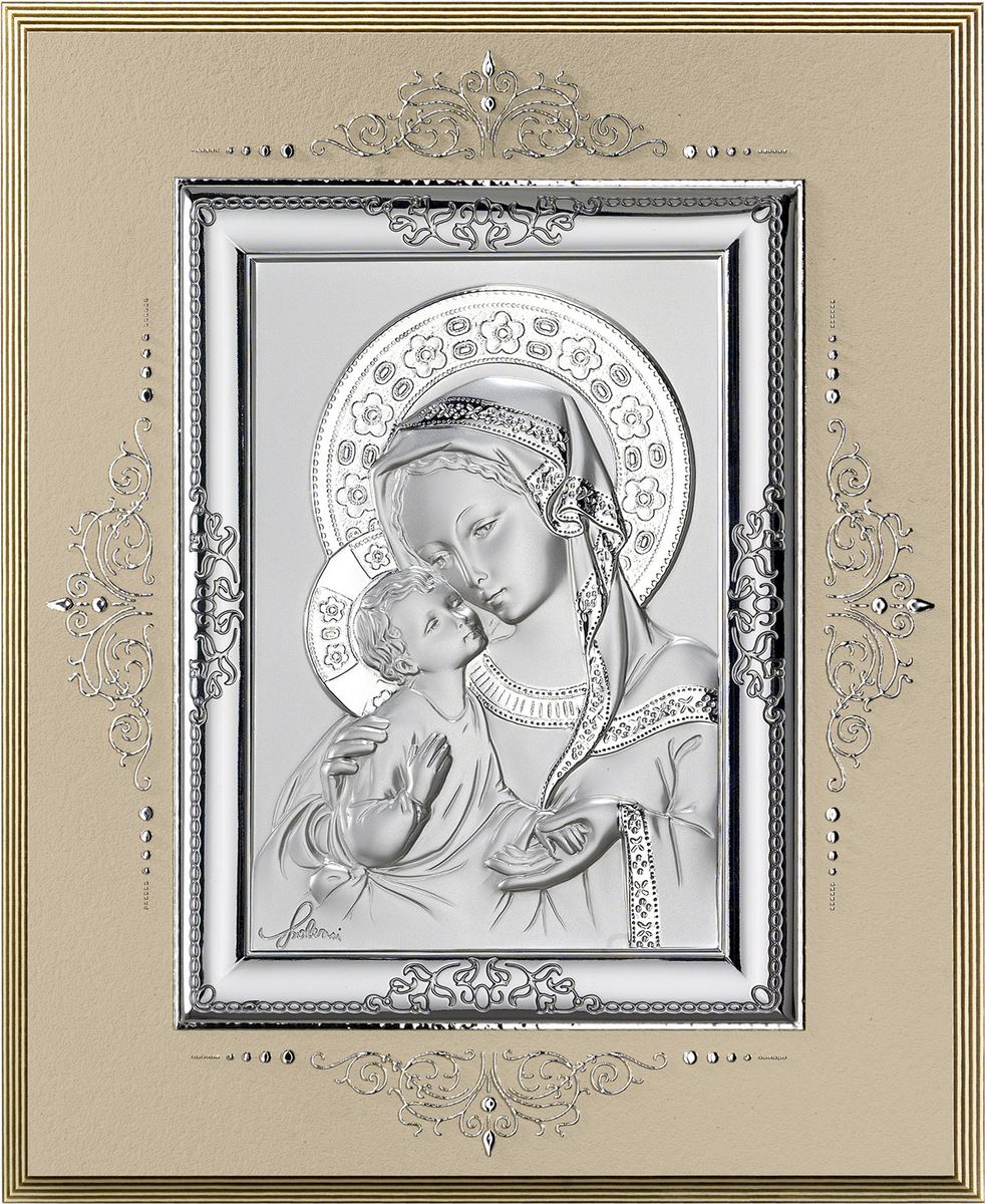 icona madonna col bambino in argento 925 e legno - 17 x 14 cm