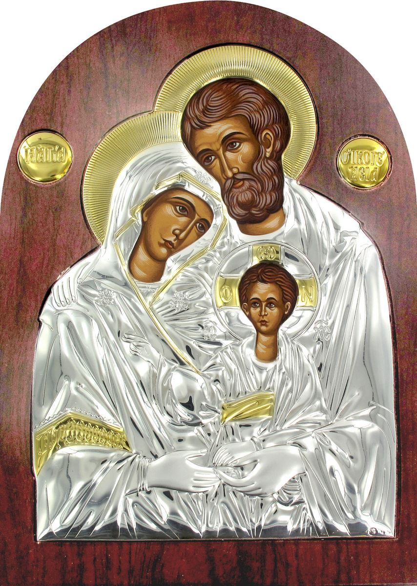 icona sacra famiglia greca a forma di arco in argento con dettagli in oro e cristalli - 26 x 20 cm