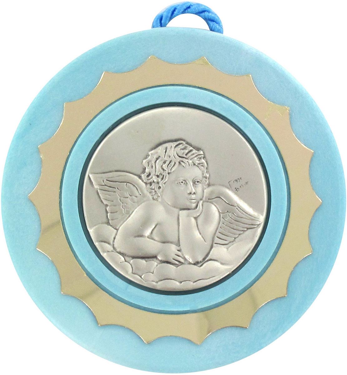 Sopraculla in argento 925 raffigurante un angioletto (azzurro) Ø 9 cm  Battesimo