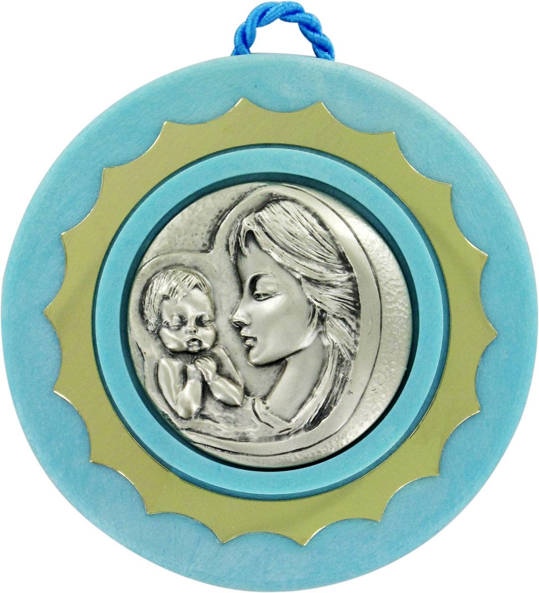 sopraculla in argento 925 raffigurante la madonna col bambino (azzurro) Ø 9 cm
