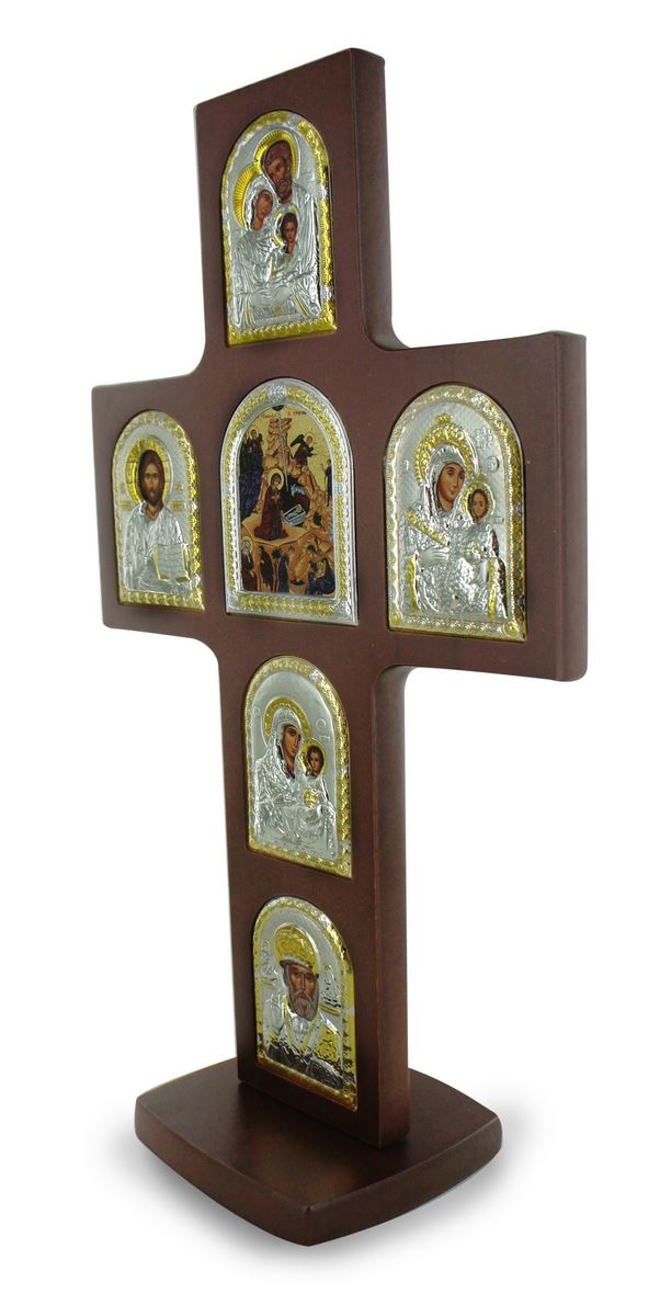 croce da tavolo in legno con immagini sacre in argento - 32 cm