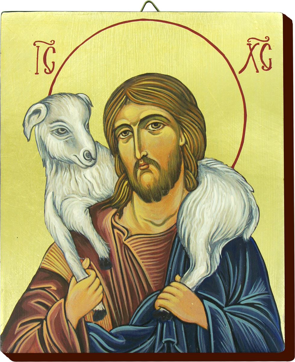icona gesù buon pastore dipinta a mano su legno con fondo oro cm 16x19