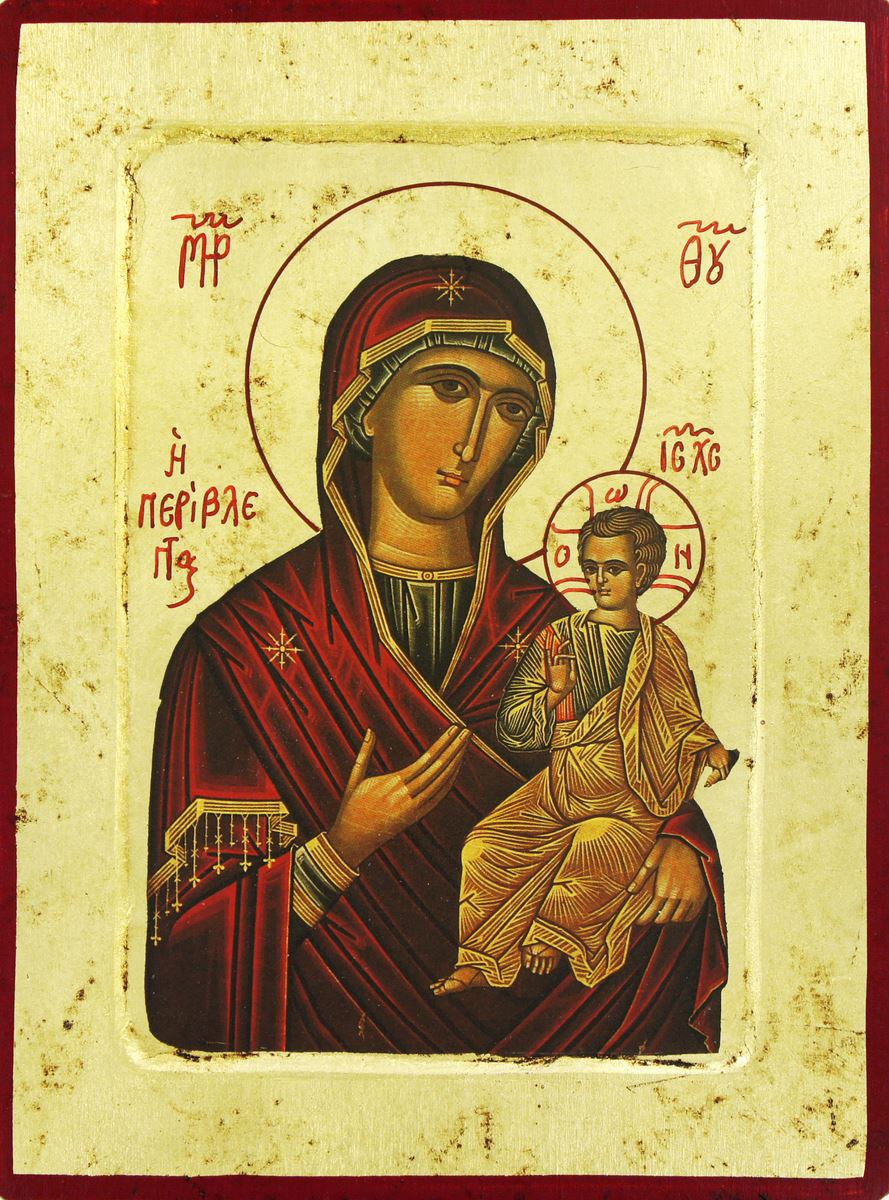 Icona madonna con il bambino icona in stile arte bizantina su legno  rifinita aureole scritte e bordure fatte a mano produzione greca - 24 x 18  cm Icone