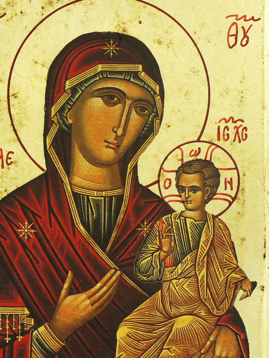 Icona madonna con il bambino produzione greca su legno - 24 x 18 cm Icone