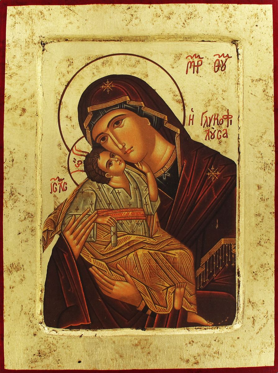 icona madonna della tenerezza, icona in stile arte bizantina, icona su legno rifinita con aureole, scritte e bordure fatte a mano, produzione greca - 31,5 x 24 cm