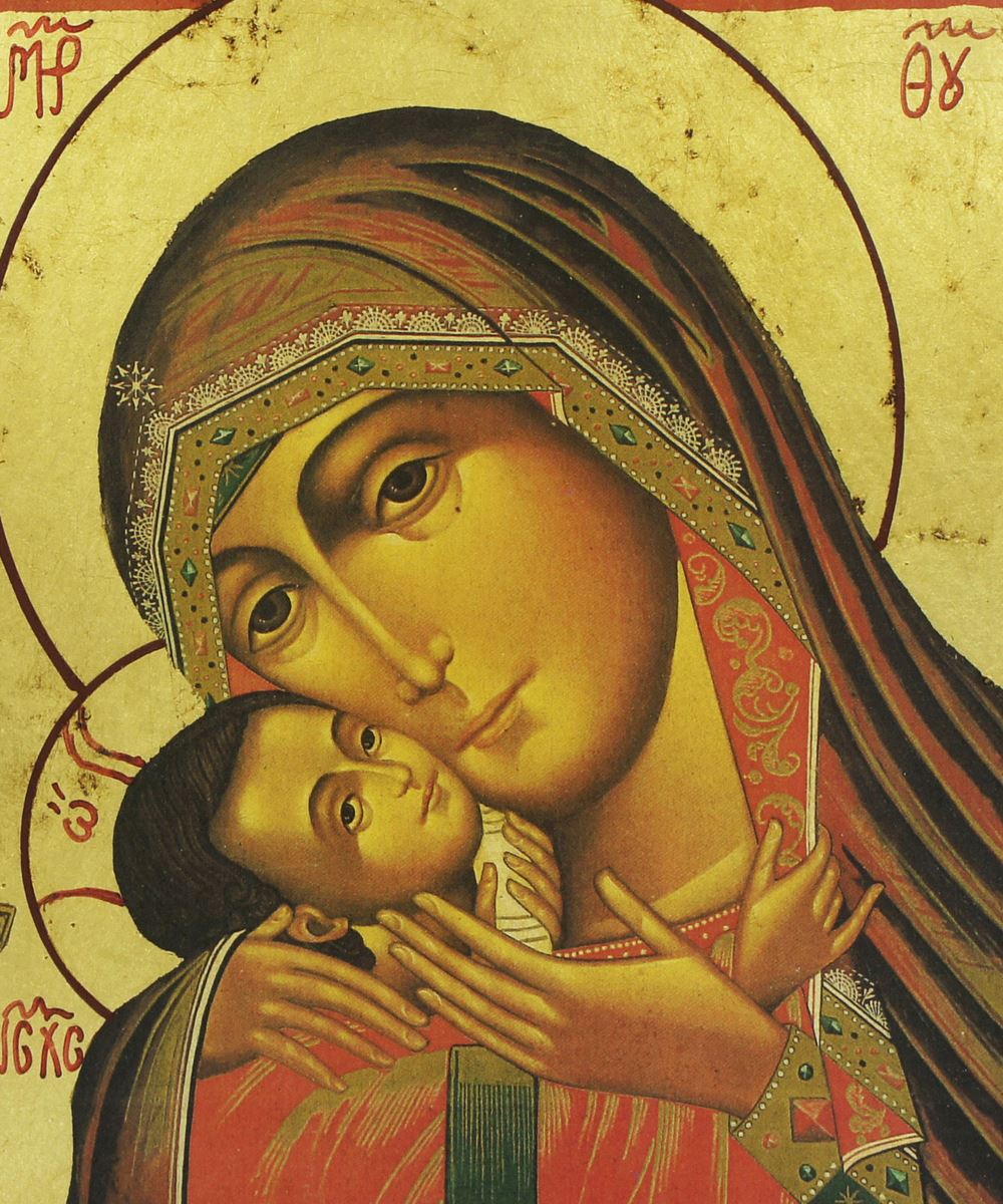 icona madonna di korsun, icona in stile arte bizantina, icona su legno rifinita con aureole, scritte e bordure fatte a mano, produzione greca - 25 x 22 cm