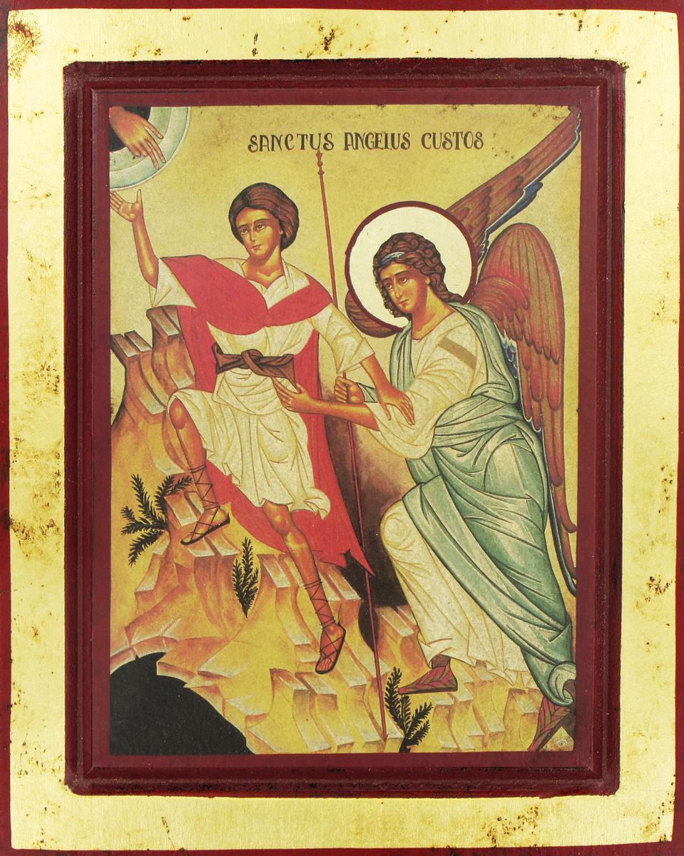 icona angelo custode, icona in stile arte bizantina, icona su legno rifinita con aureole, scritte e bordure fatte a mano, produzione greca - 24 x 18,5 cm