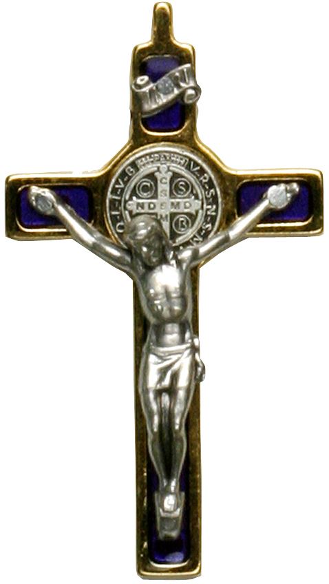 Croce di san benedetto in ottone dorato con smalto blu - 5 cm Croci