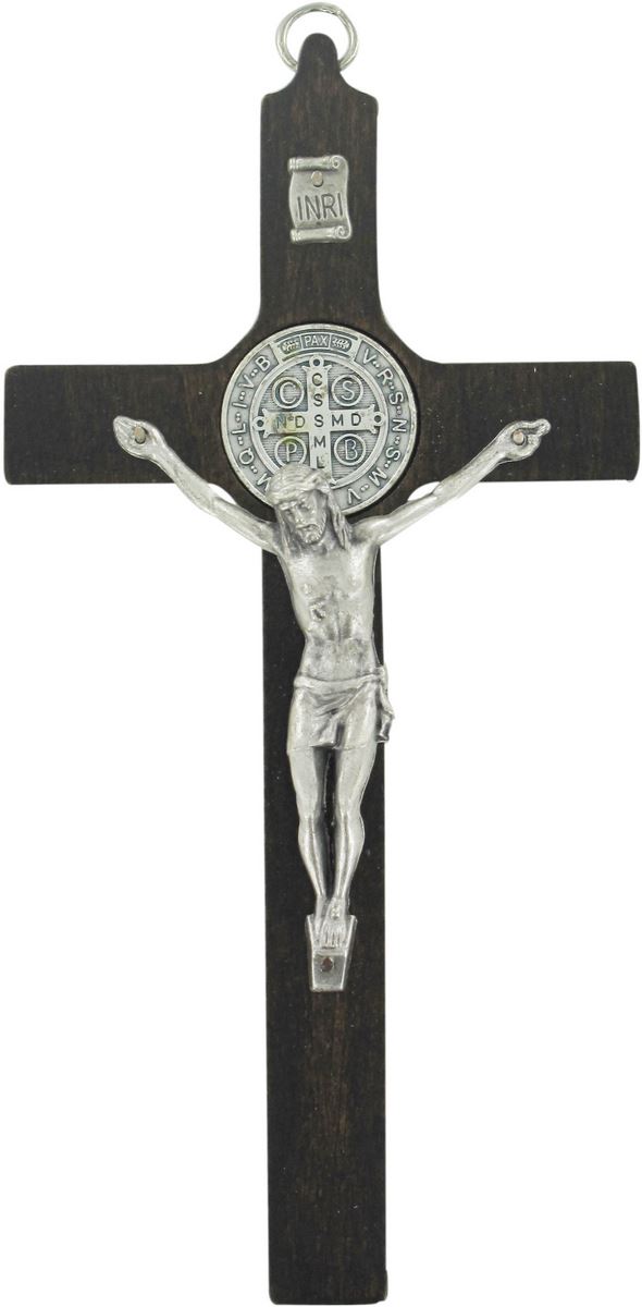 Crocifisso san benedetto da parete in legno con cristo metallo - 16 cm Croci