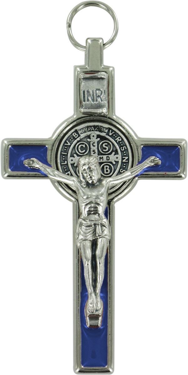 croce san benedetto in metallo nichelato con smalto blu - 8 cm