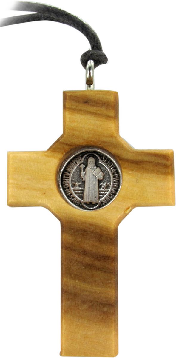 croce san benedetto in legno d'ulivo e metallo con cordone - 4 cm