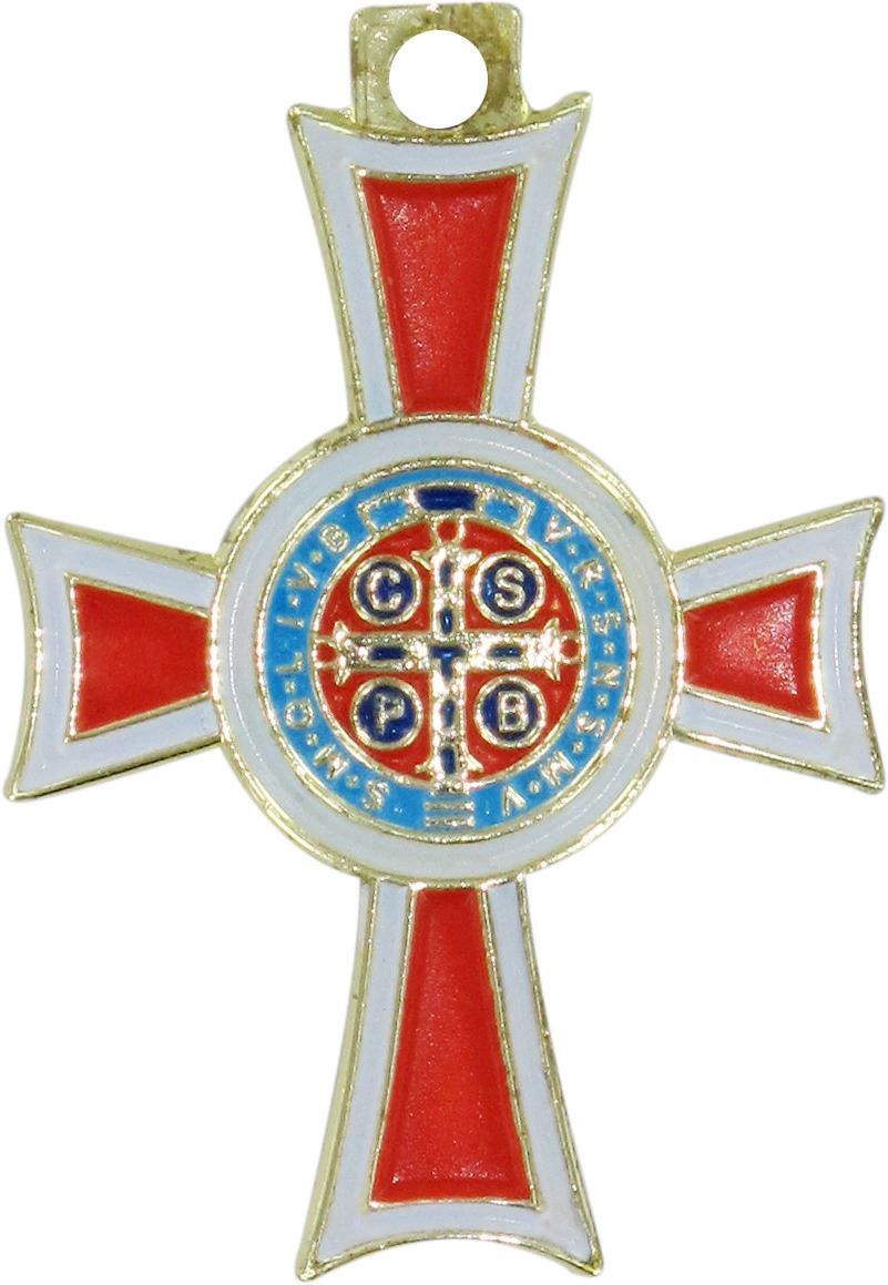 croce san benedetto coniata con bagno d'oro 24 kt con smalto rosso - 2,6 cm