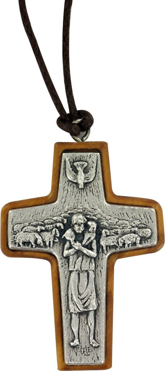 Croce papa francesco in metallo su legno ulivo cm 5 con laccio Santini