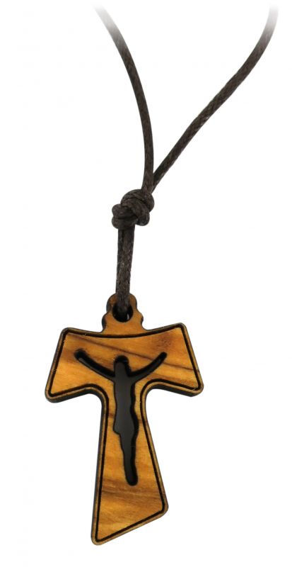 Croce tau in legno di ulivo con cristo traforato (croce san francesco  d'assisi) - 3 cm Tau