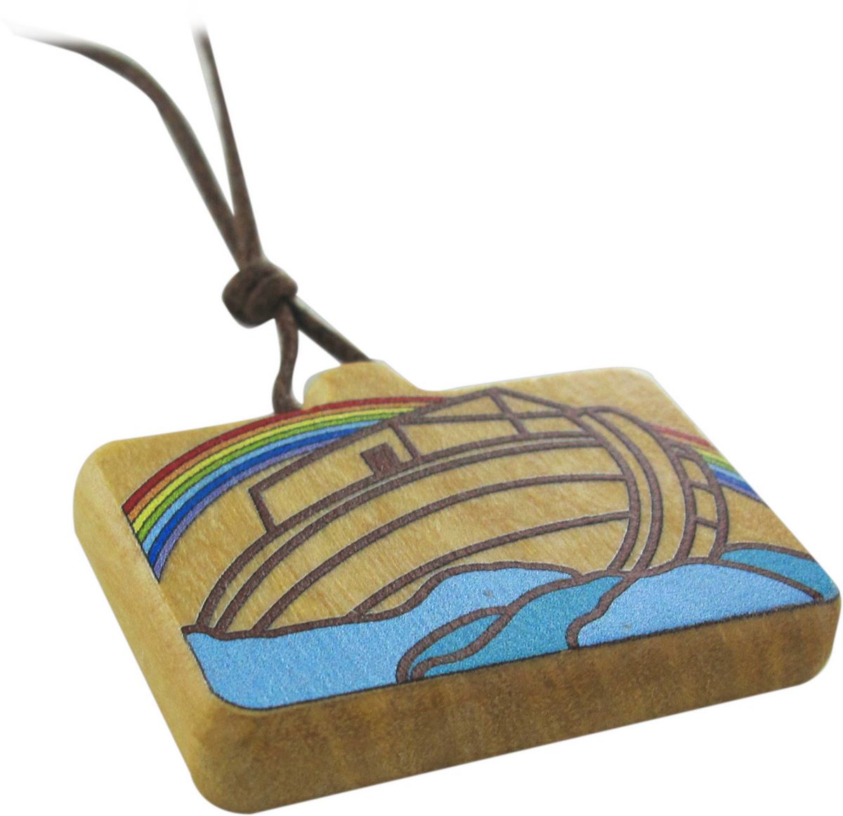 ciondolo arca di noè rettangolare in legno d'ulivo colorato con cordone - 3,5 x 2 cm