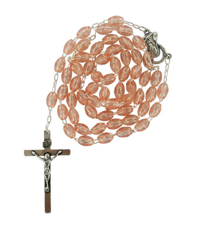 stock:rosario in plastica ovale rosa trasparente con legatura a macchina
