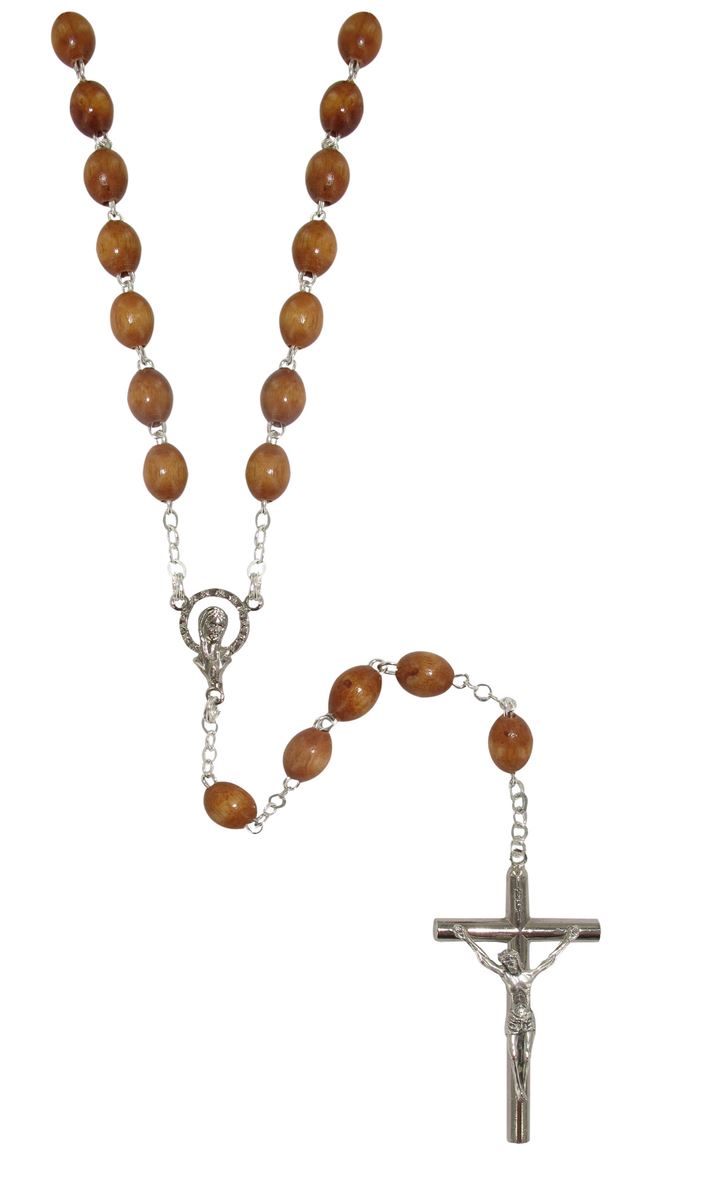 rosario in legno naturale ovale mm 5 legatura ottone argentato
