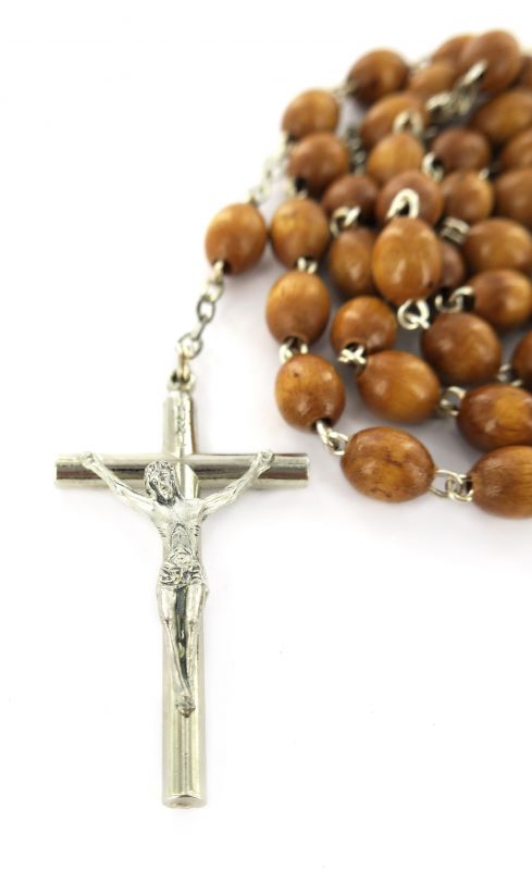 rosario in legno naturale ovale mm 5 legatura ottone argentato