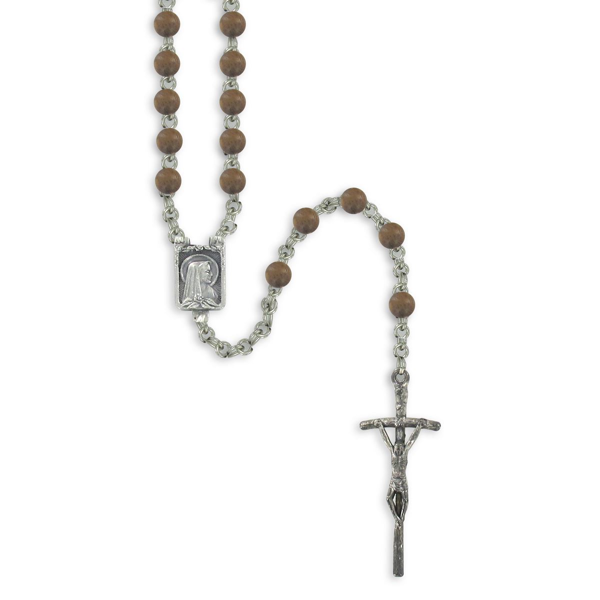 rosario in legno noce tondo mm 6 legatura ottone argentato