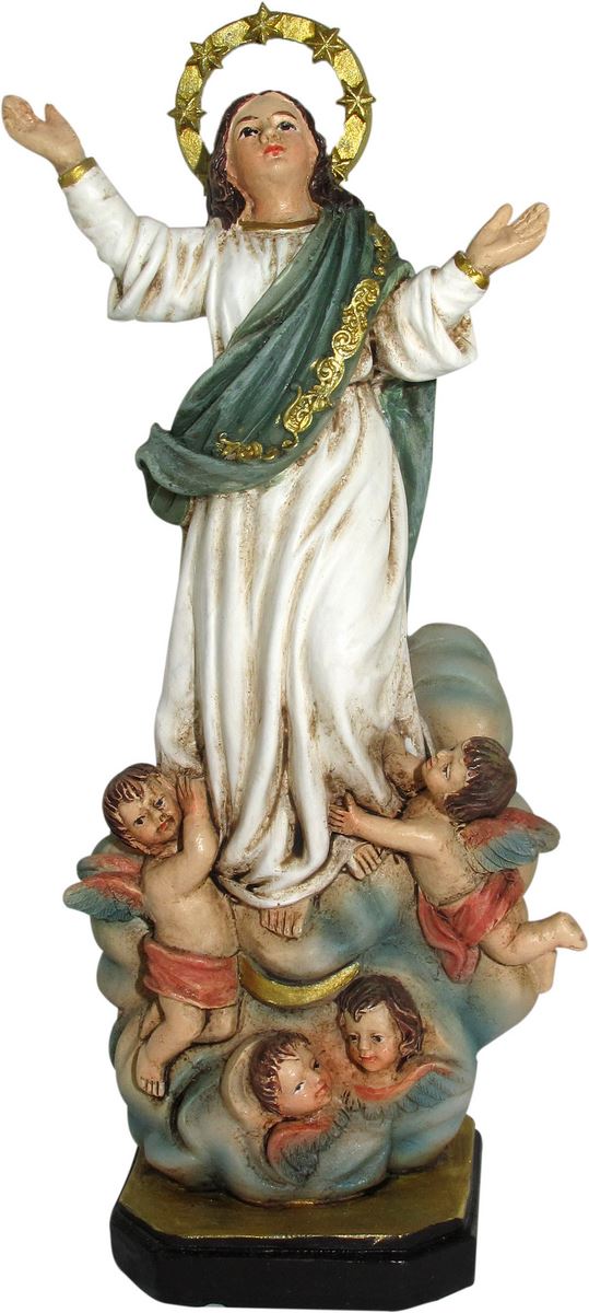 ferrari & arrighetti statua di madonna assunta in cielo da 12 cm in confezione regalo con segnalibro, statuetta personaggio religioso con scatola regalo decorativa, testi in spagnolo