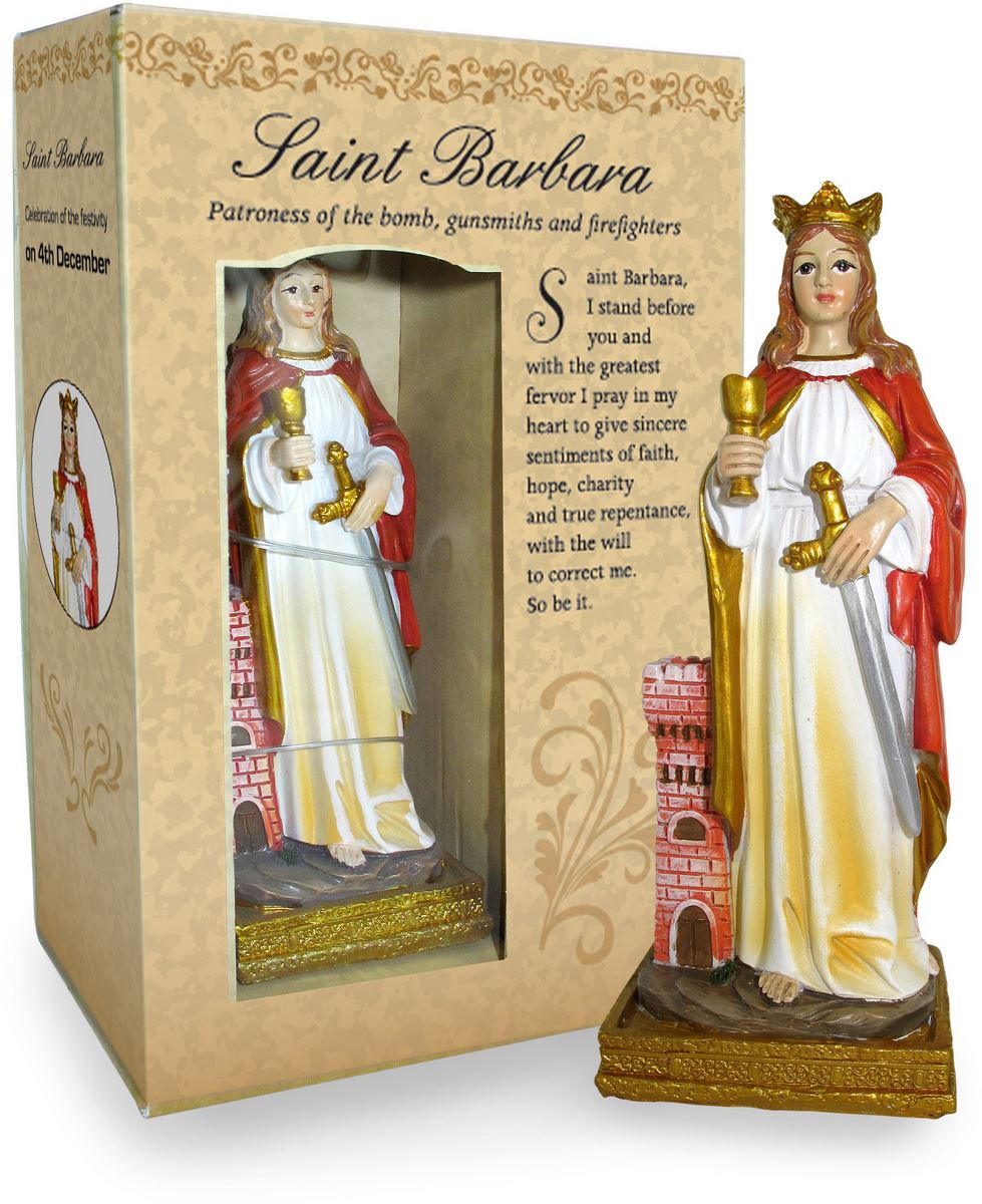statua di santa barbara da 12 cm in confezione regalo con segnalibro in versione inglese