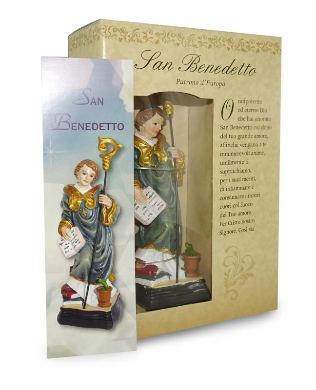 ferrari & arrighetti statua di san benedetto da 12 cm in confezione regalo con segnalibro, statuetta personaggio religioso con scatola regalo decorativa, testi in it