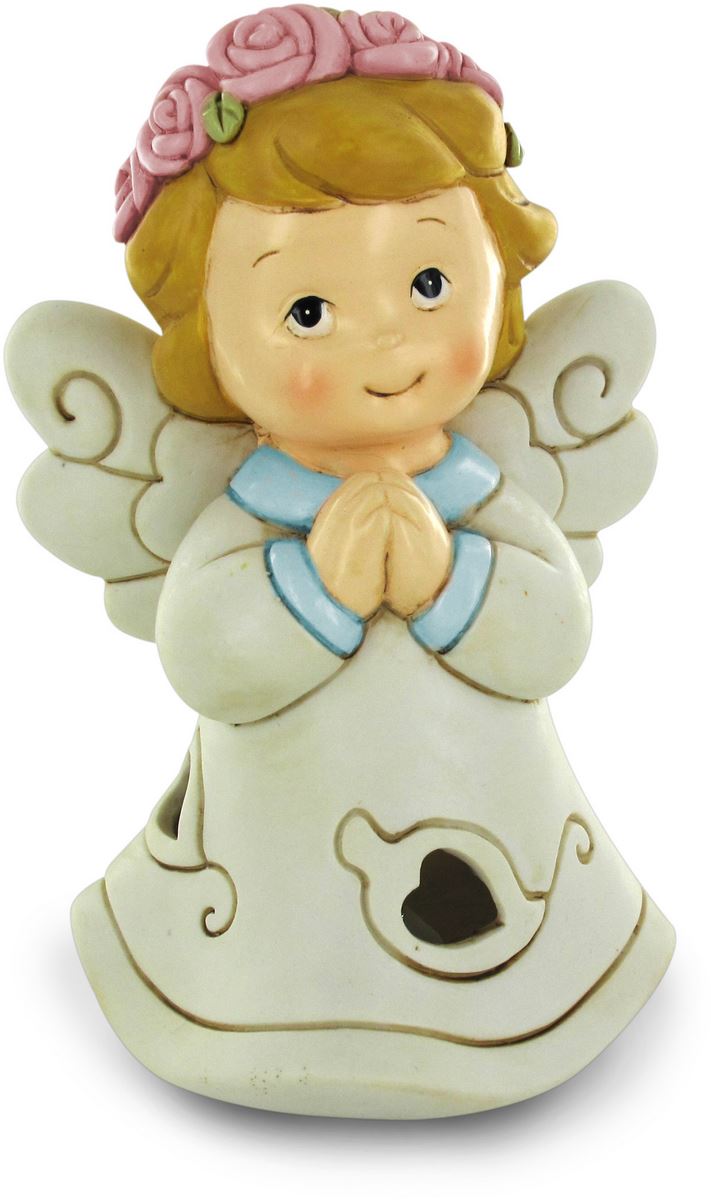 Angelo che prega con luce led orli e fiori azzurri in resina 15 cm Angeli