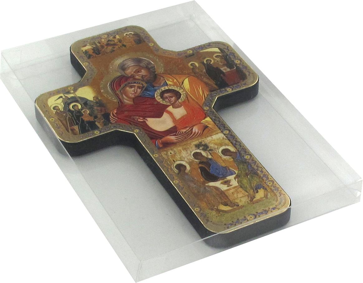 croce icona sacra famiglia stampa su legno - 12 x 18 cm