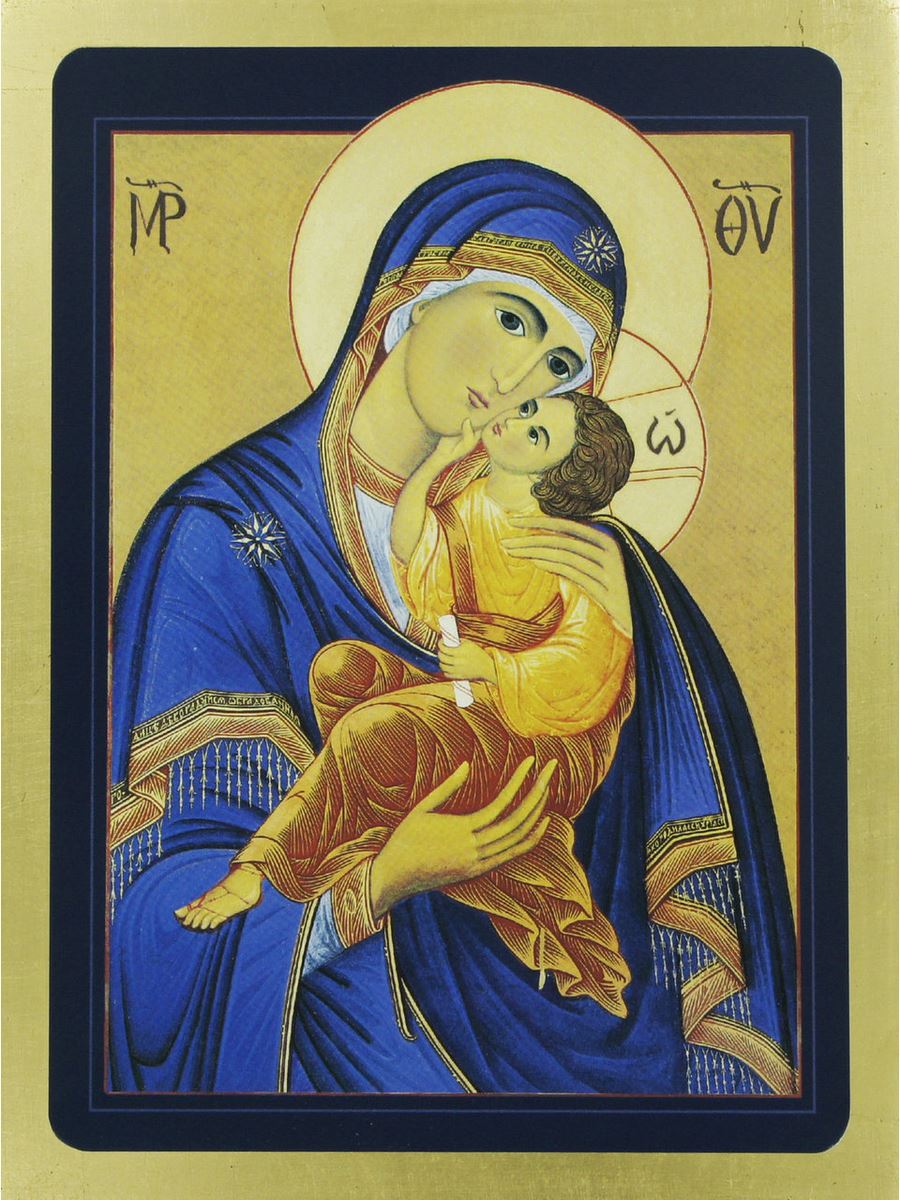Icona madonna col bambino stampa su quadro in legno con bordo dorato - 20 x  15 cm Icone