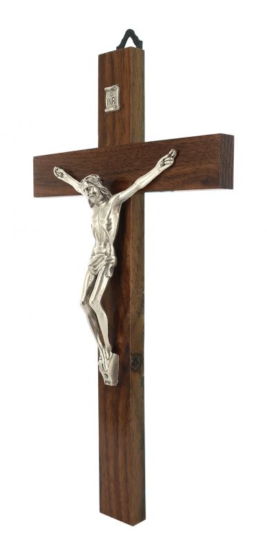 crocifisso tradizionale da parete, croce in legno di noce e corpo di cristo in metallo, 20 cm