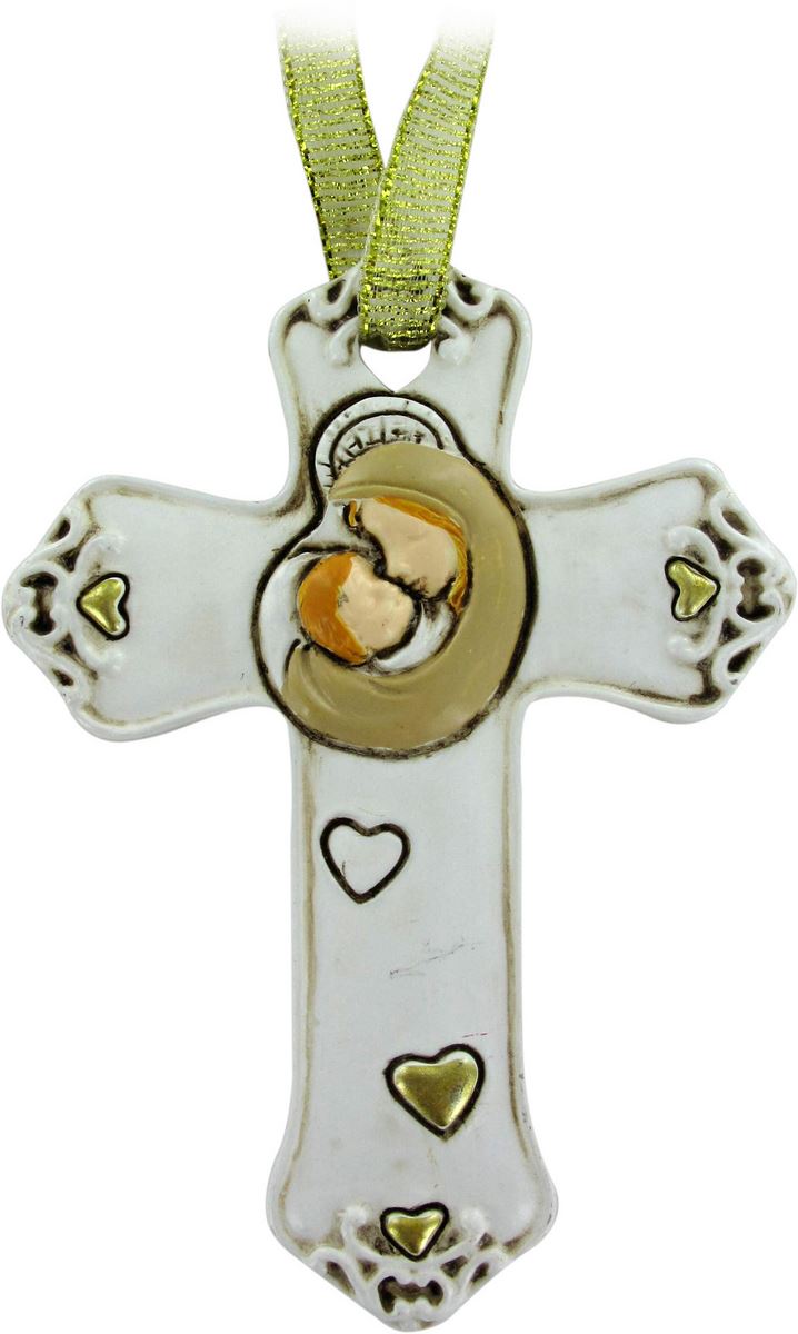 croce madonna bambino in resina bianca - 8,5 cm