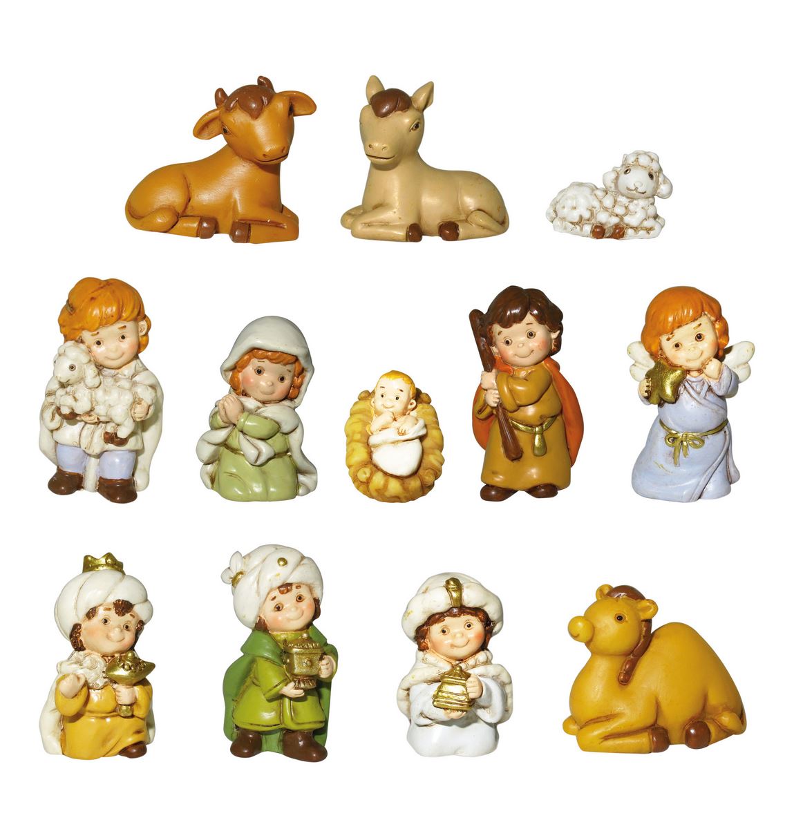 Statuine natività set piccolo presepe da 12 personaggi in resina colorata  (altezza 6 cm circa) Natale