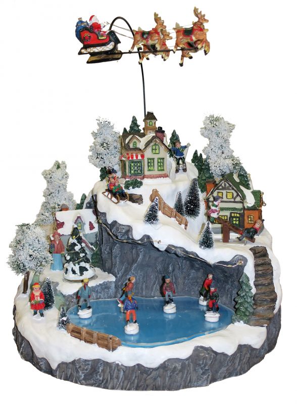 Villaggio natalizio con slitta renna e lago ghiacciato movimento luci  musica (39 x 42 36 cm) Presepe in legno scolpito Val Gardena