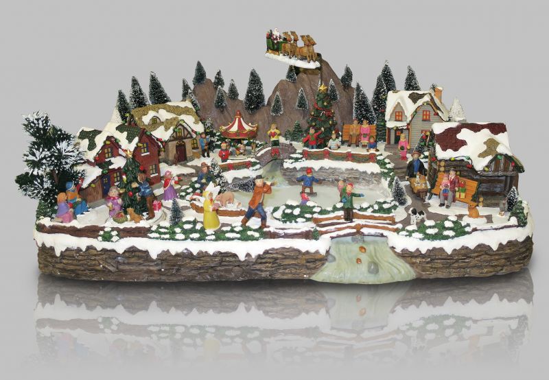 villaggio natalizio con slitta e pista di pattinaggio animate, movimento, luci, musica (64 x 27 x 46 cm)