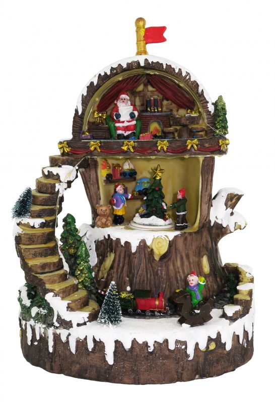 Villaggio natalizio con babbo natale in movimento luci musica (22 x 30 5 17  cm) Presepe legno scolpito Val Gardena