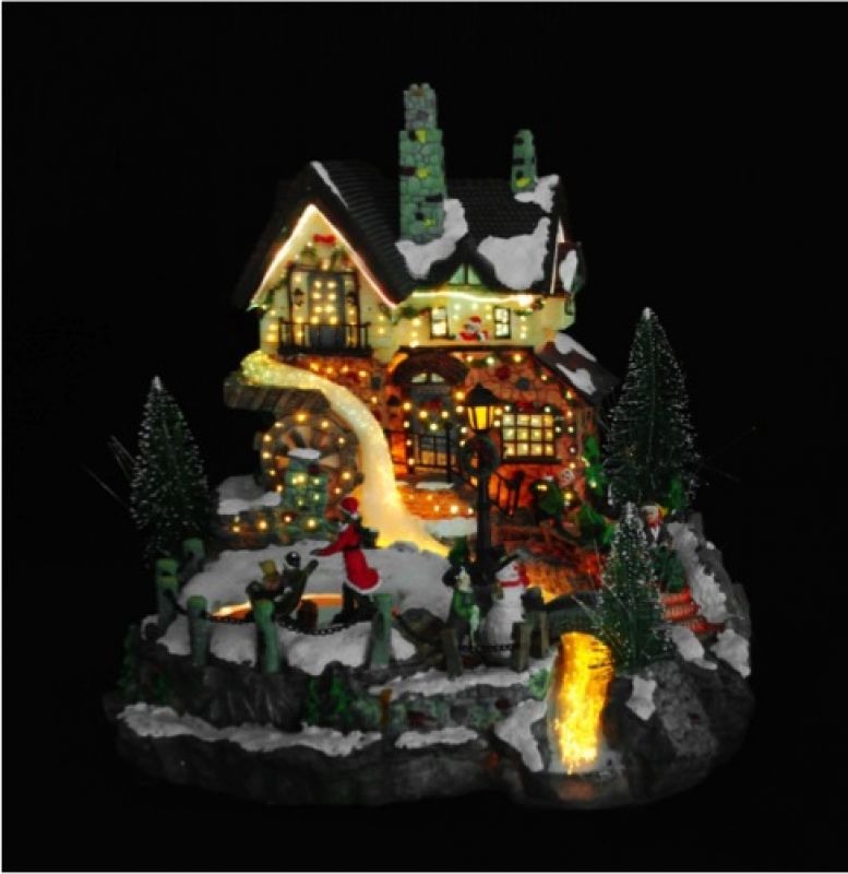 Villaggio natalizio in movimento con chiesa luci musica (26 5 x 30 cm)  Presepe legno scolpito Val Gardena