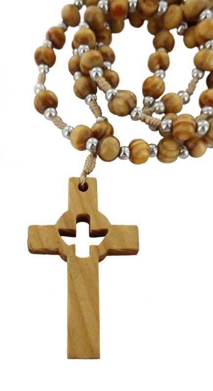 rosario in legno d'ulivo, rosario cattolico con medaglia e croce in ulivo traforata con spirito santo