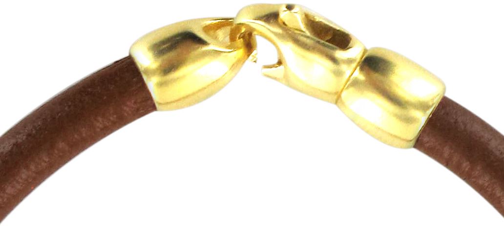 bracciale trinity in cuoio marrone con inserti ottone in bagno oro giallo 