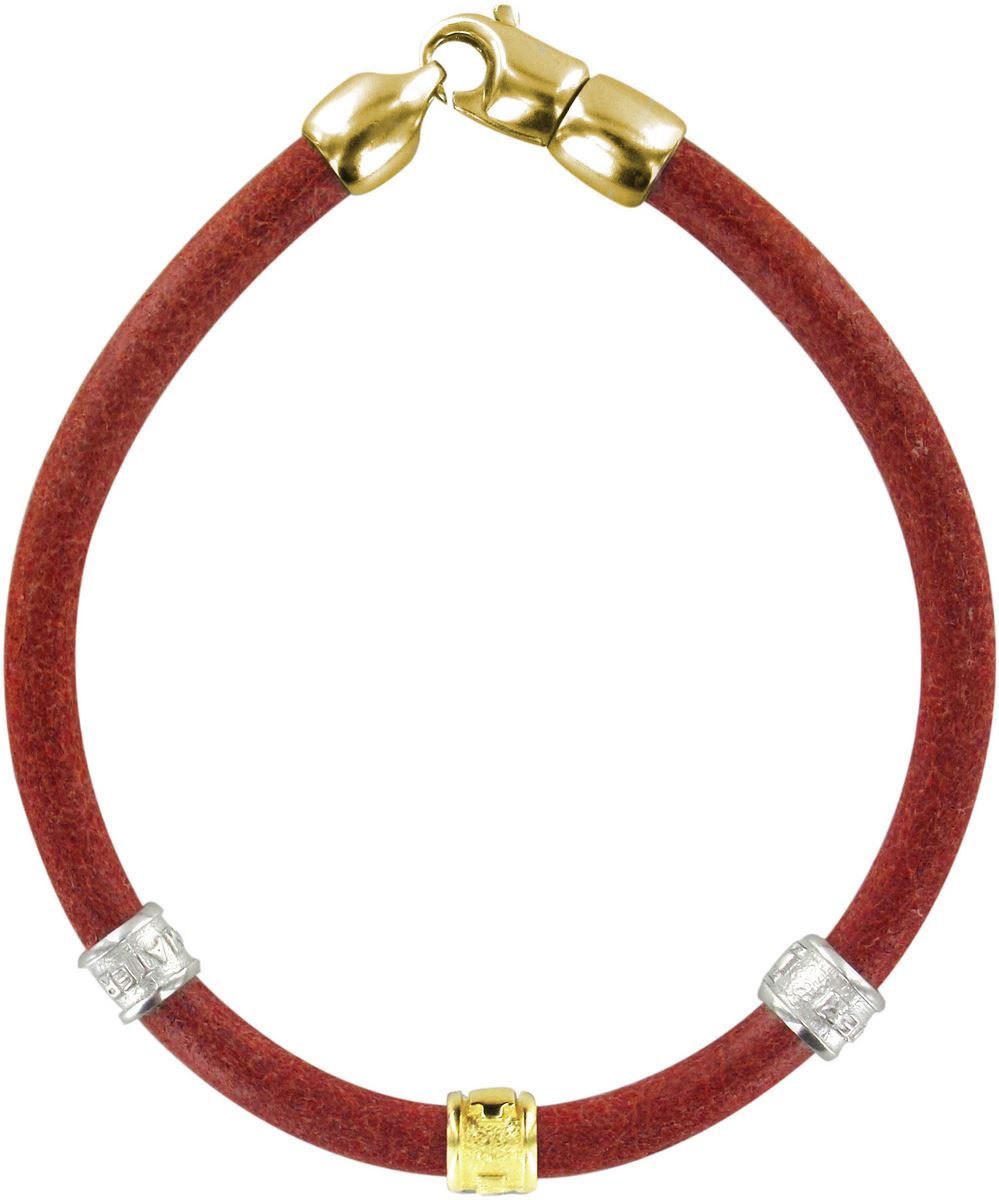 Bracciale trinity in cuoio rosso con inserti ottone bagno oro giallo e bianco  Braccialetti
