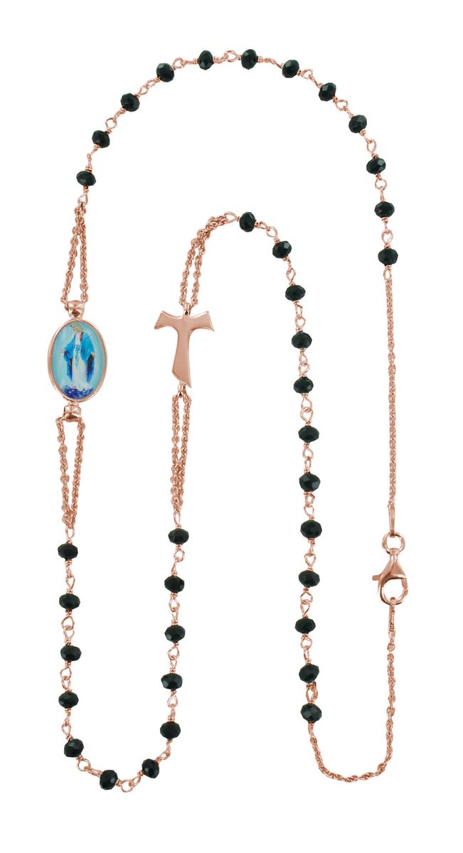 Collana rosario girocollo in argento 925 bagnato ora rosa perle nere con  croce tau e medaglia miracolosa Croci