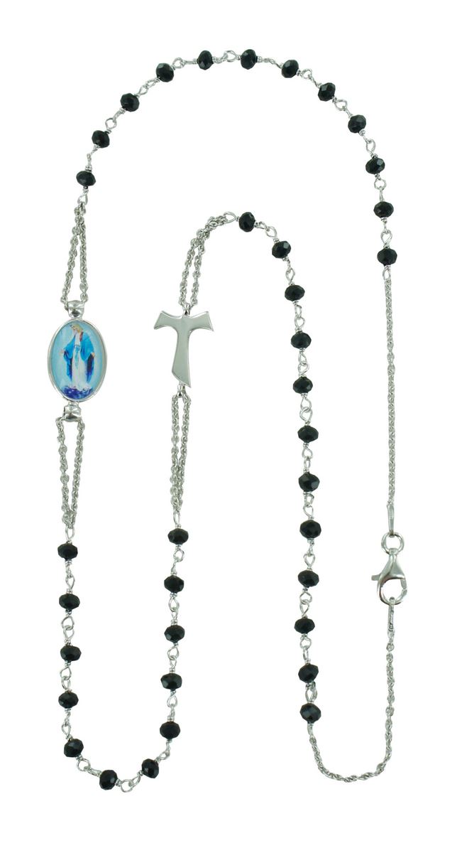 Collana rosario girocollo in argento 925 perle nere con croce tau e  medaglia miracolosa Croci